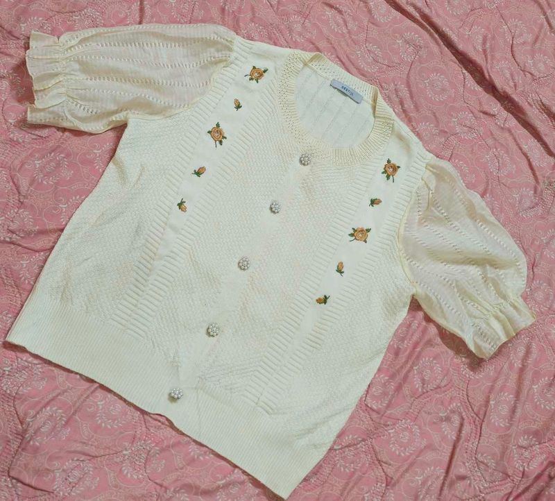 Chic Cream Floral Puff Sleeve Knit Cardigan