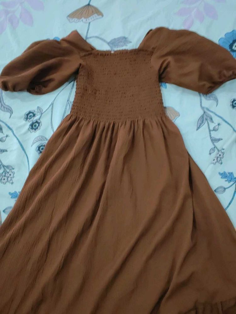 Brown Puff Sleeve Smocked Dress