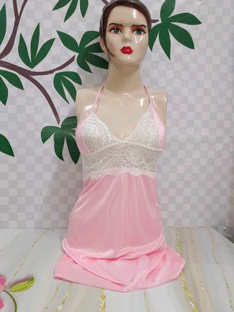 (100)Pink Lace Babydoll Lingerie
