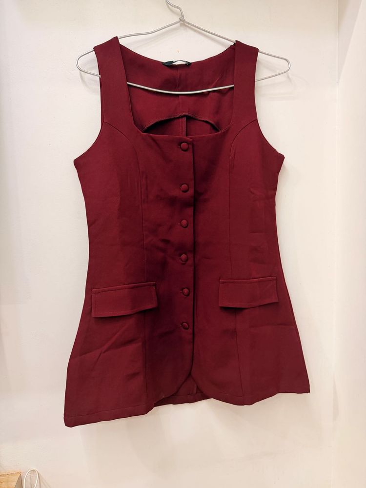 Shein Maroon Sleeveless Button-Up Dress