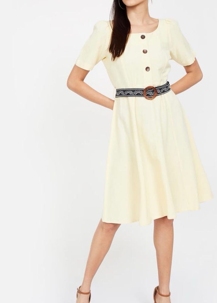 Women's Yellow Button-Up A-Line Dress