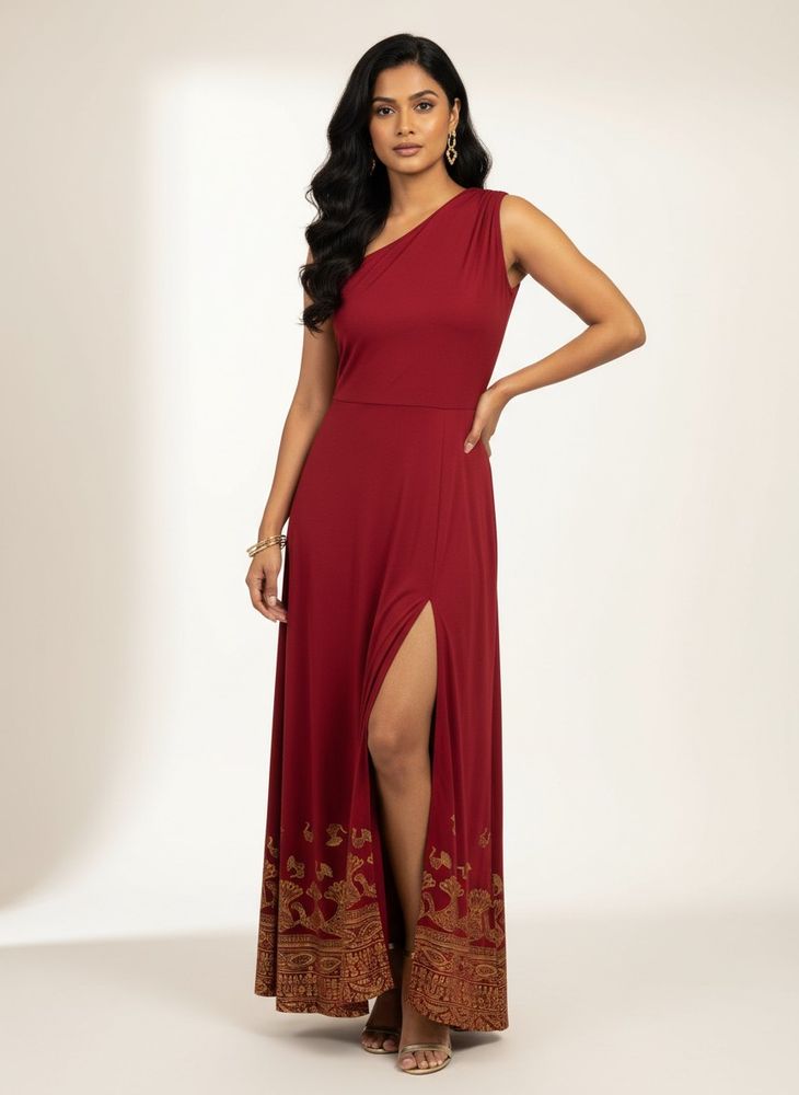 global desi Red one shoulder dress with slit