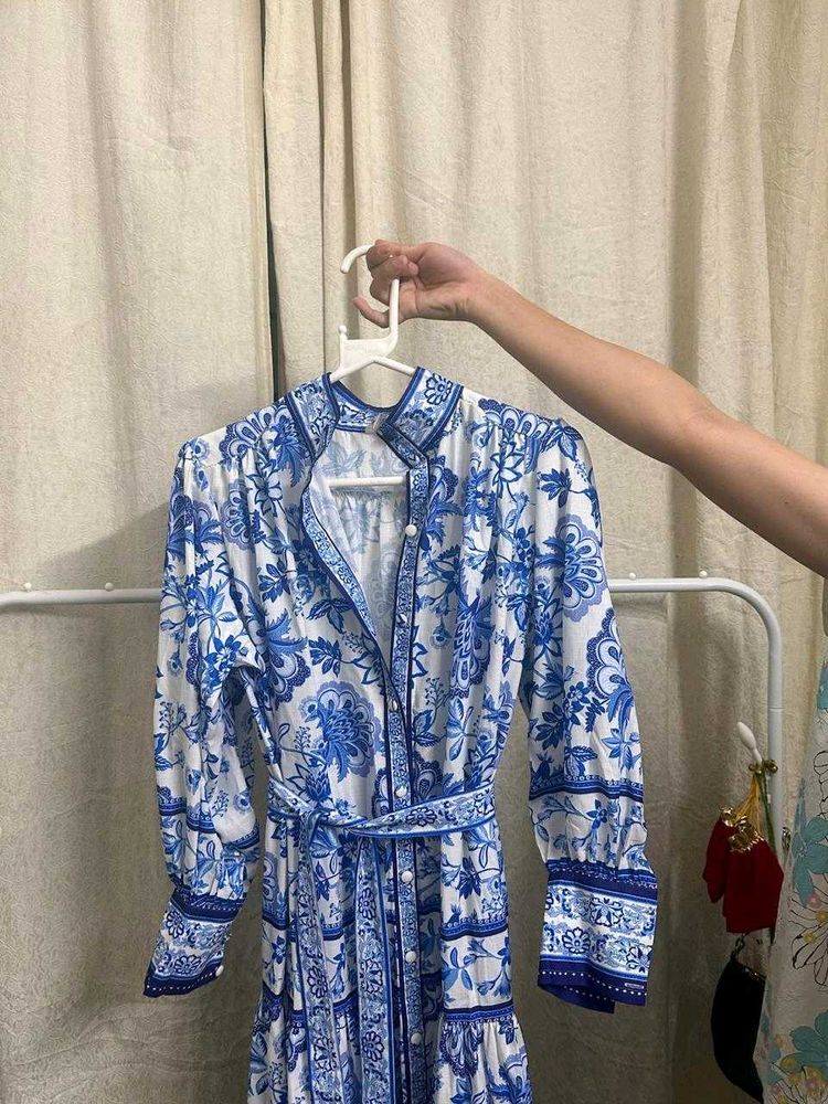 Blue &amp; White Floral Print Dress