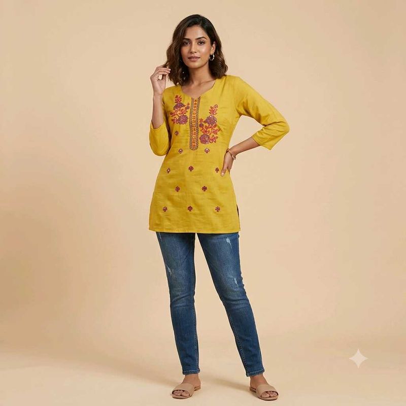 Yellow Embroidered Kurti