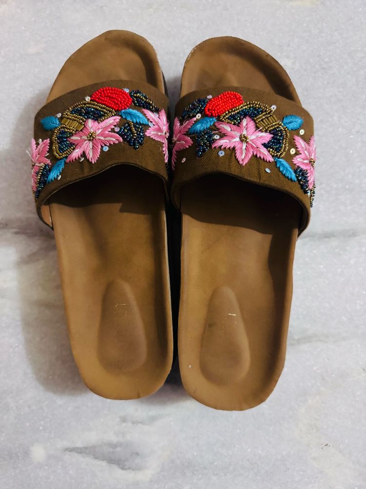 Wedged Embellished Slide Sandals