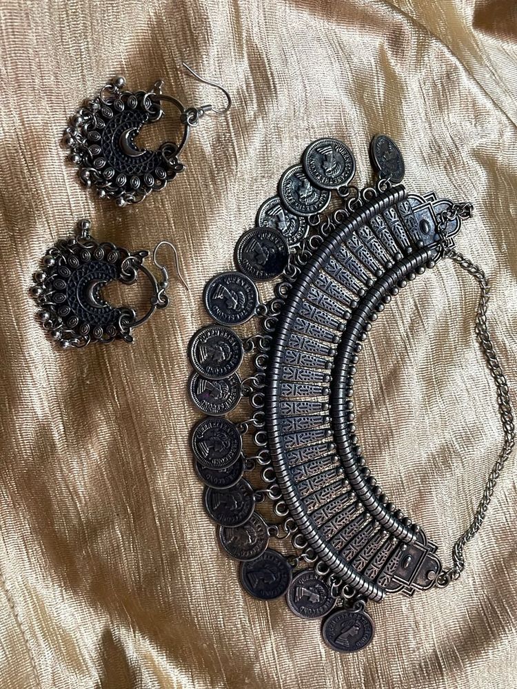 Oxidized Silver Coin Necklace &amp; Earrings Set