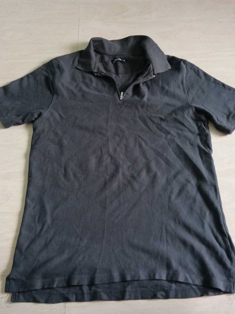 zudio Men's Dark Grey Zip Polo T-Shirt