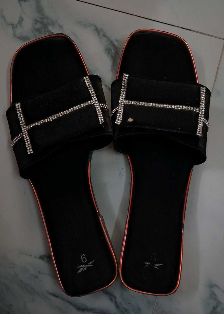 Stylish Black Slides with Rhinestones