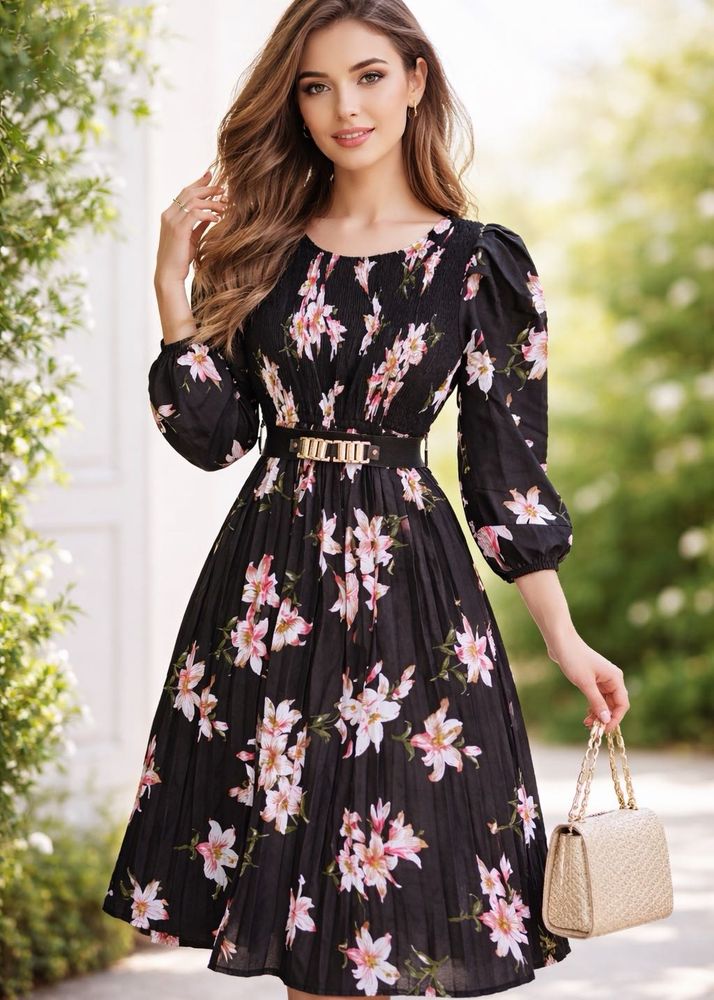 Elegant Floral Print Pleated Midi Dress
