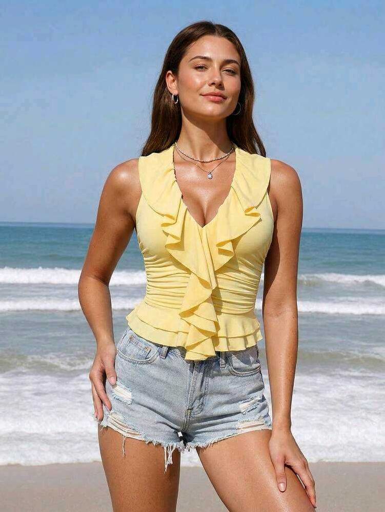 Yellow Ruffle Front Sleeveless Top