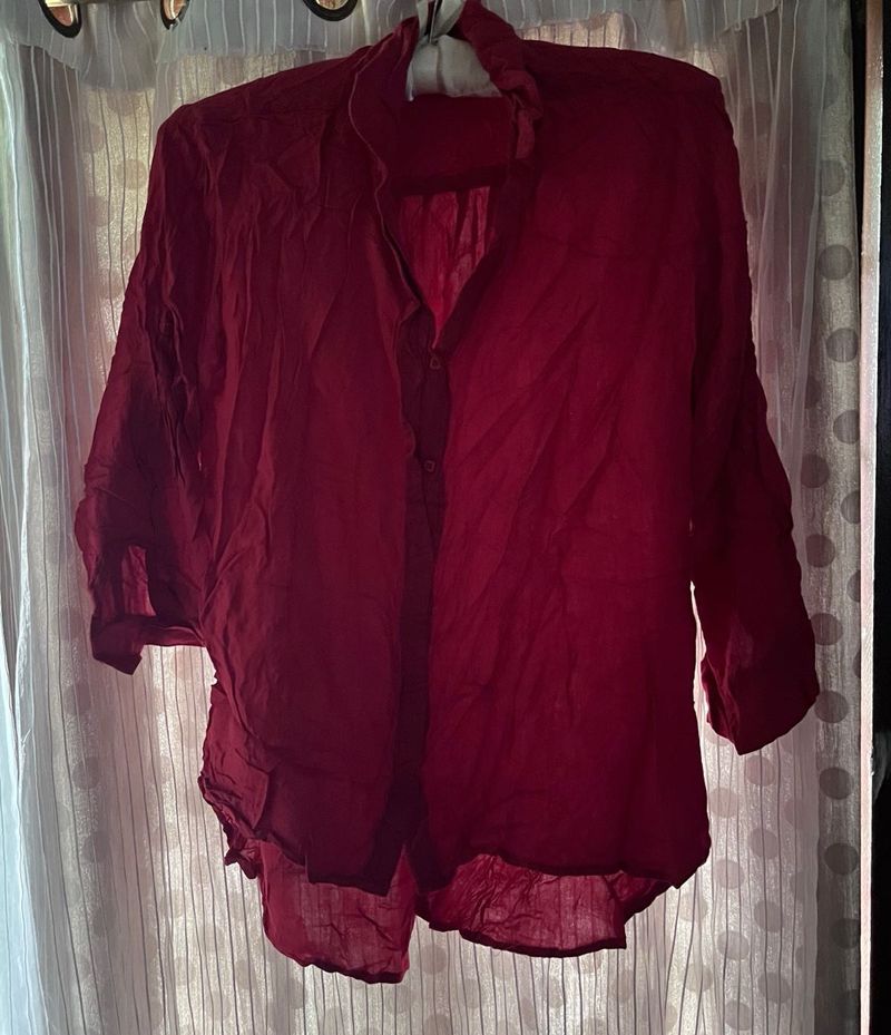 Burgundy V-Neck Button-Up Top
