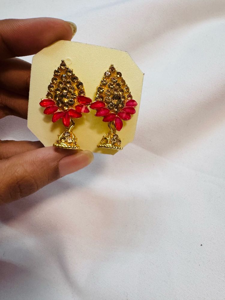 Pink &amp; Gold Jhumka Earrings