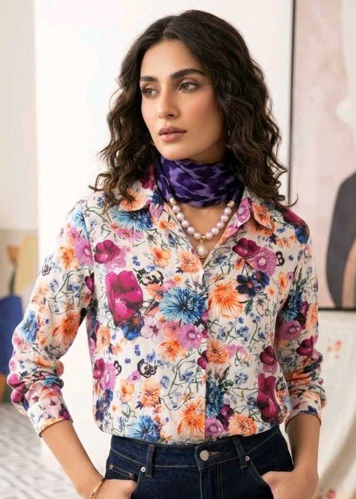 Floral Print Button-Up Shirt with Scarf