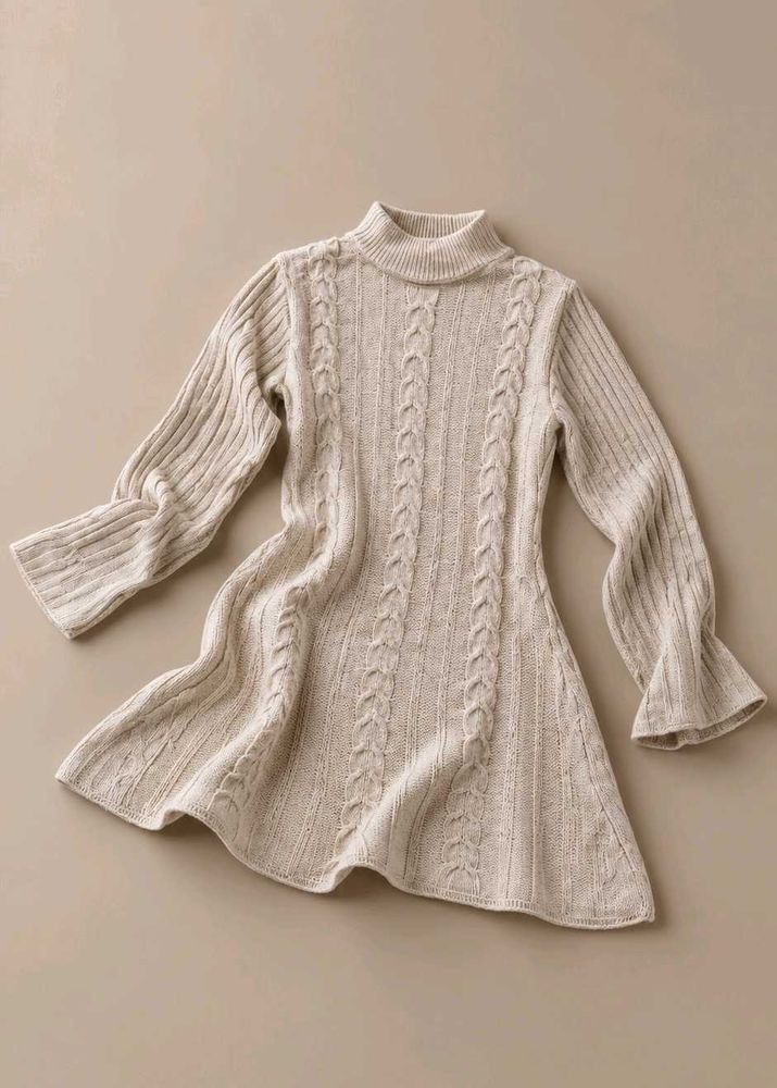 CREAM CABLE KNIT HIGH NECK FLARED SWEATER DRESS