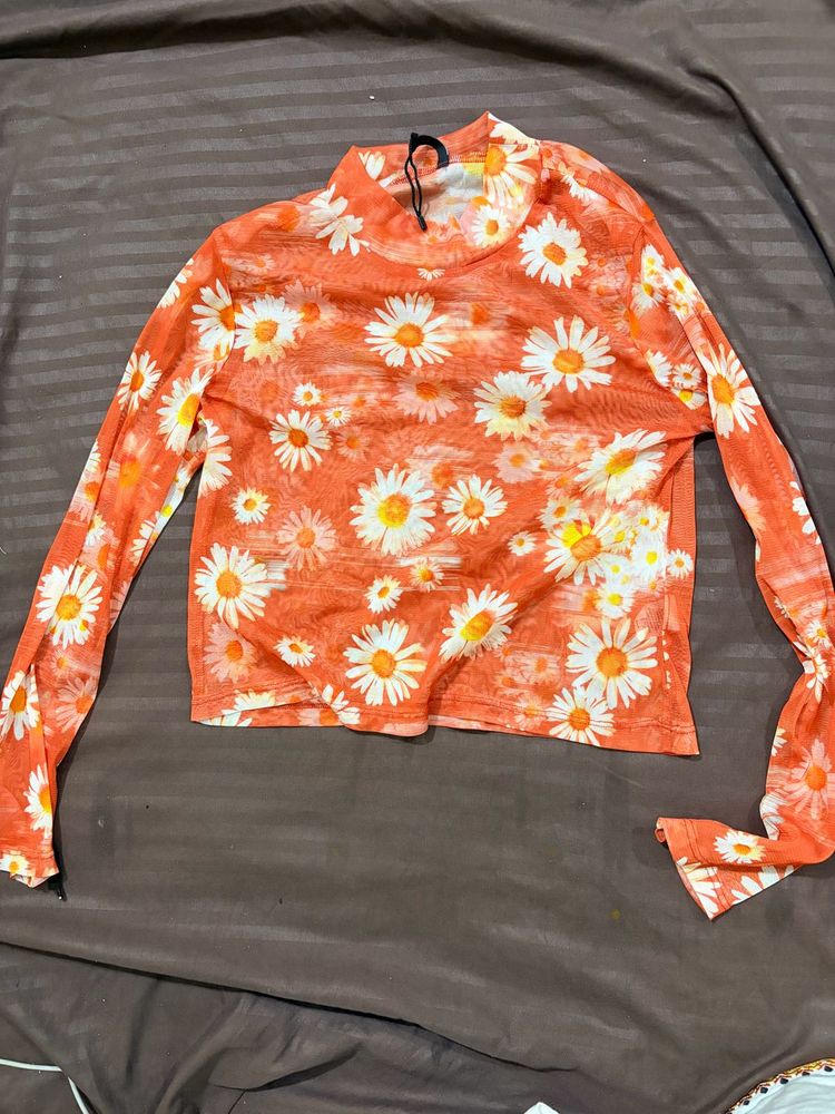 Orange Daisy Mesh Top