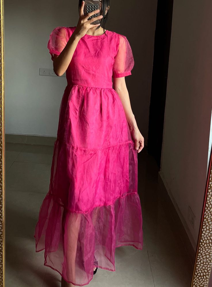 Fuchsia Pink Tiered Puff Sleeves Midi Dress