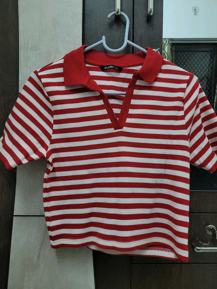 Red &amp; White Striped Polo T-Shirt