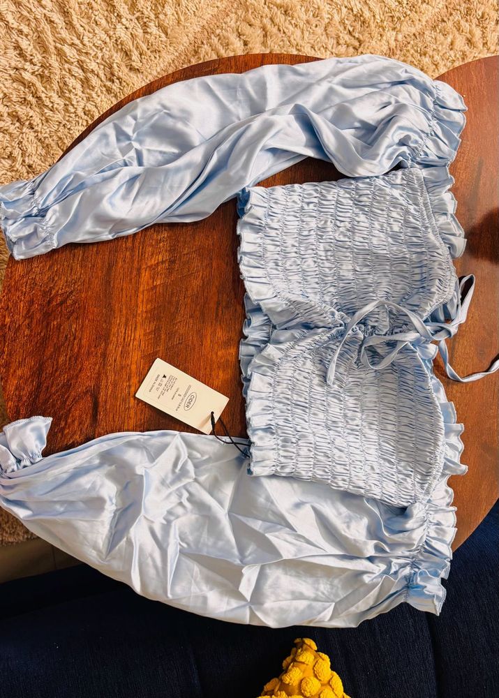 Chic Light Blue Smocked Top with Balloon Sleeves