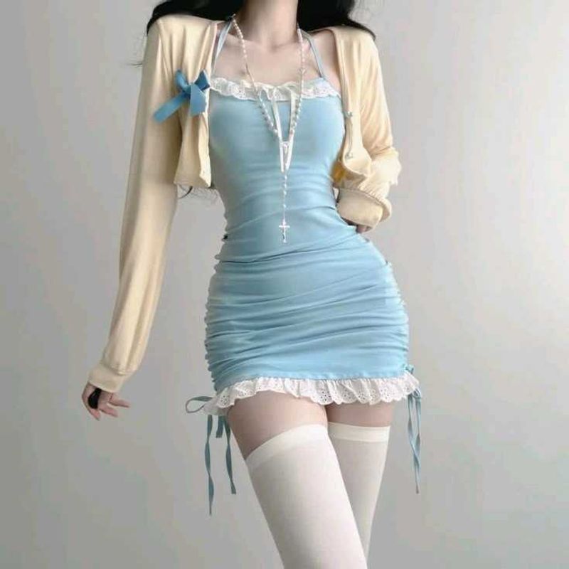 Cute Ruched Mini Dress with Cardigan