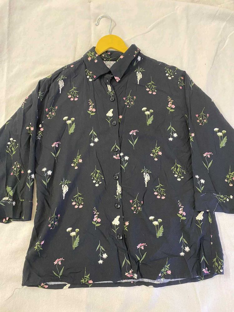 Black Floral Print Button-Up Shirt
