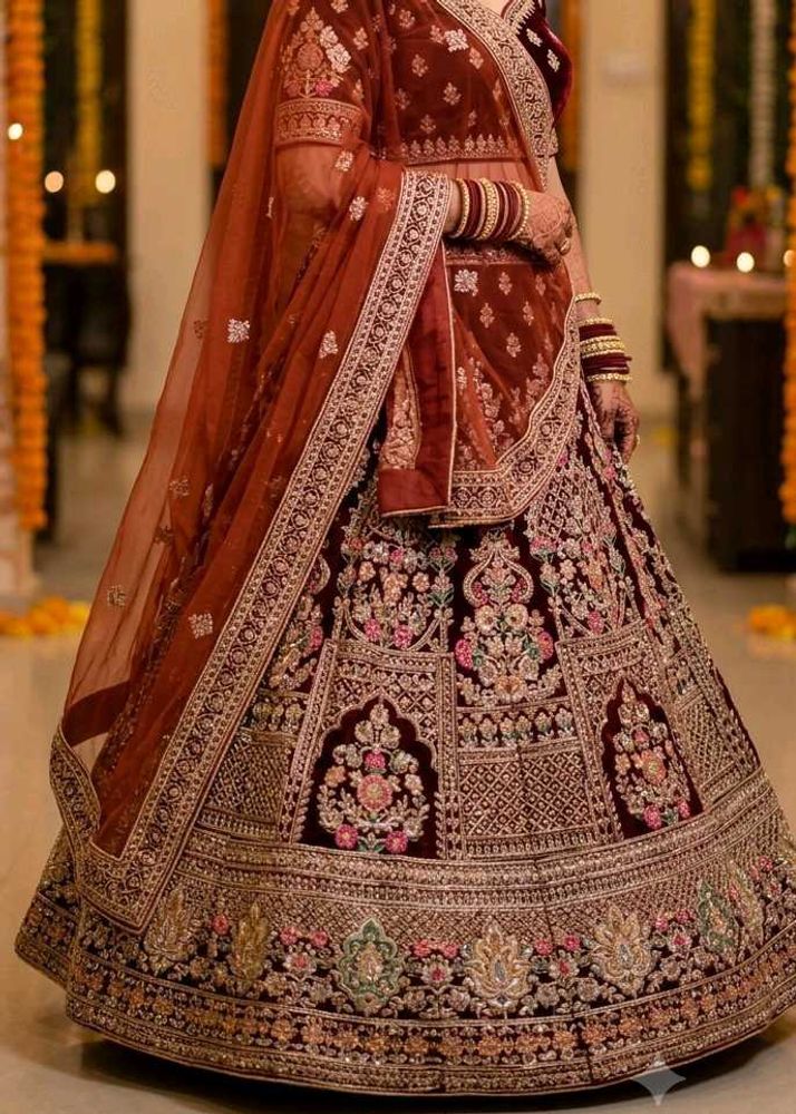 Maroon Velvet Embroidered Bridal Lehenga