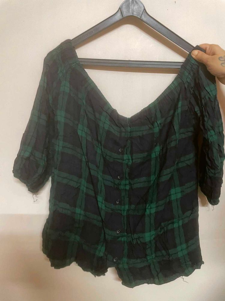 Off-Shoulder Plaid Button-Up Top