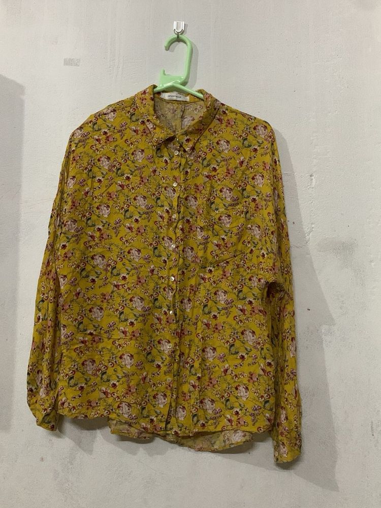 Yellow Floral Print Button-Up Shirt