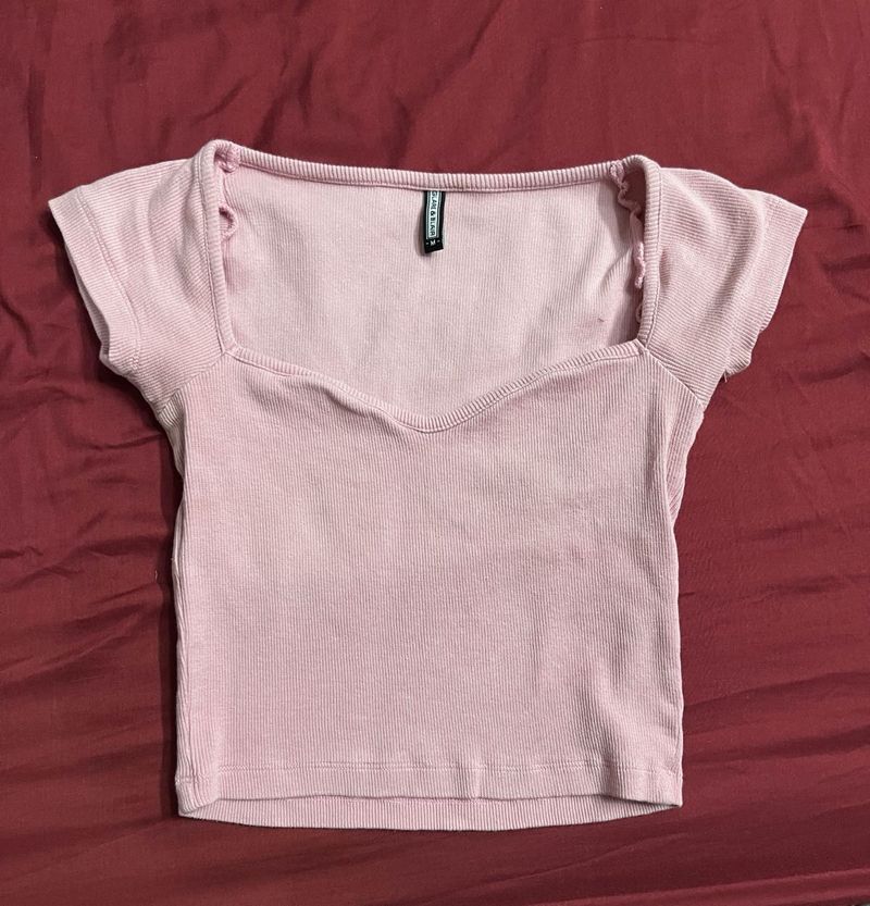 Cute Pink Ribbed Square Neck Top