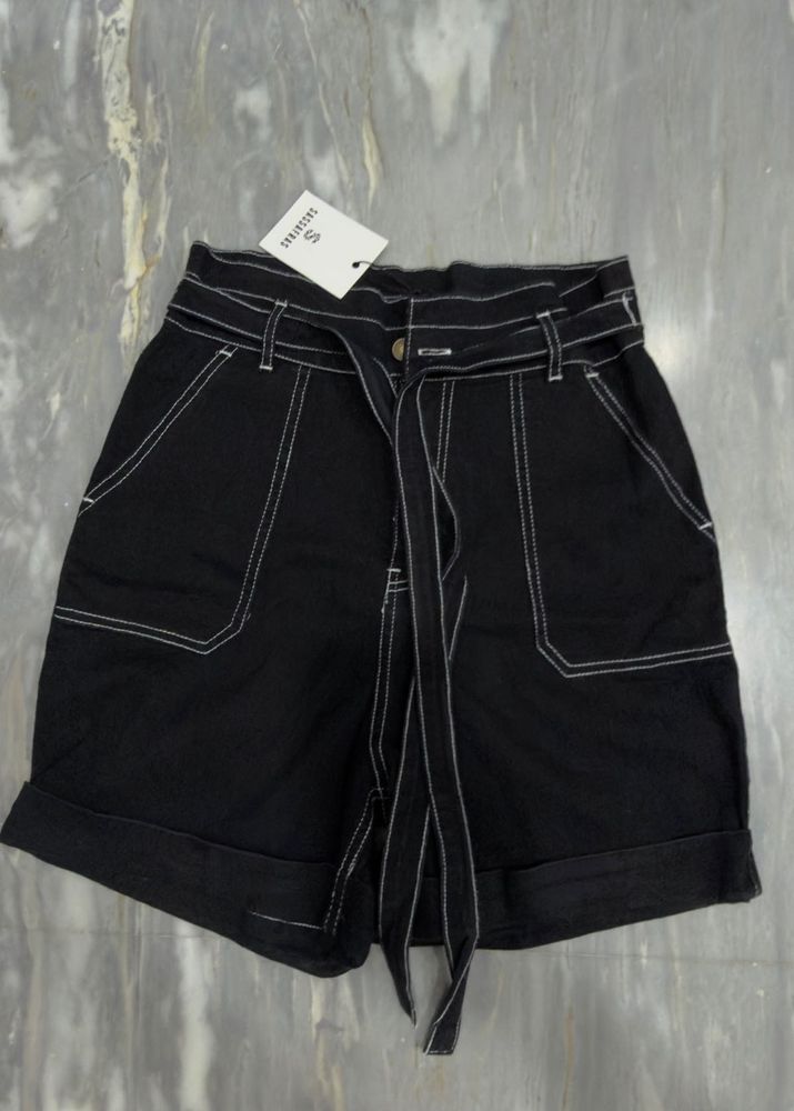 Black Paperbag Waist Shorts
