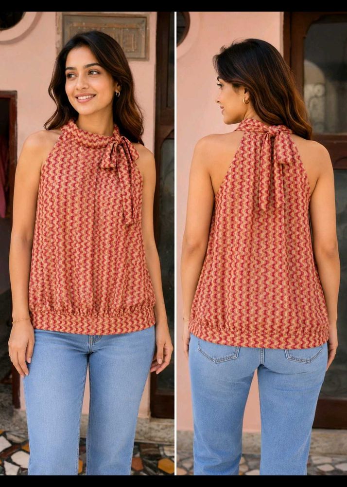 Halter Neck Geometric Print Blouson Top