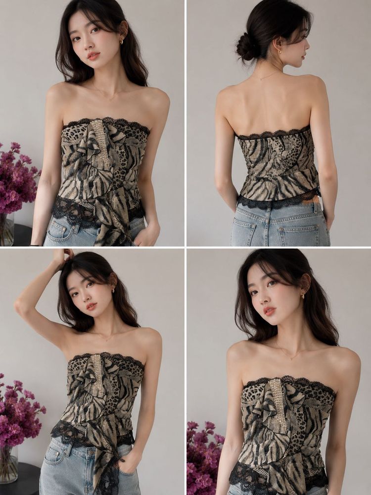 Strapless Animal Print Lace Trim corset Top