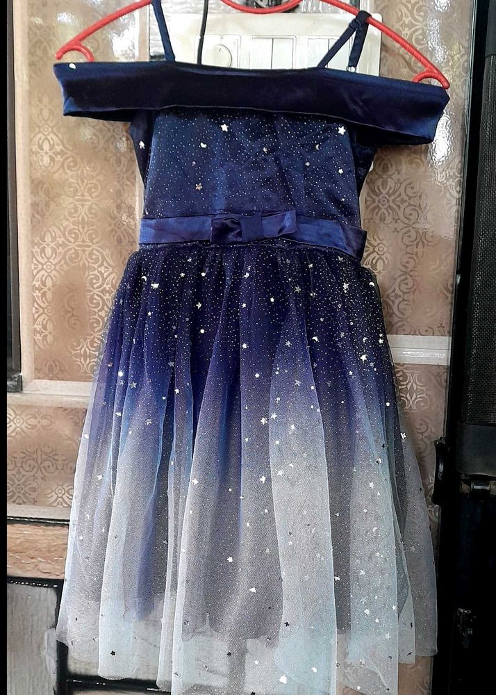Girls Dark Blue And White Satin/Net Dress