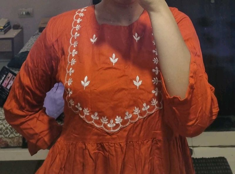 Orange Kurta with White Embroidery
