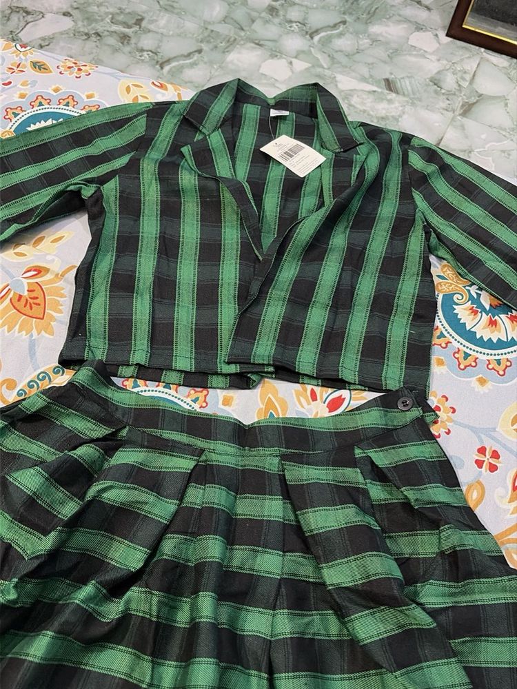 Plaid Blazer and Skirt Set