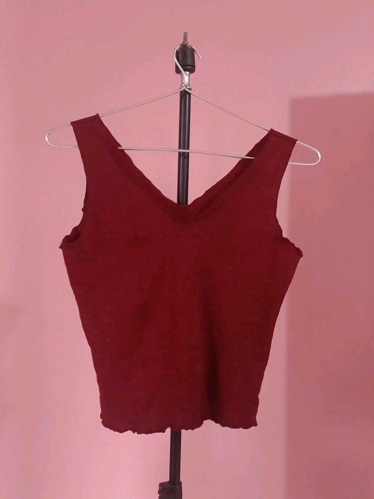 Maroon Textured V-Neck Tank Top