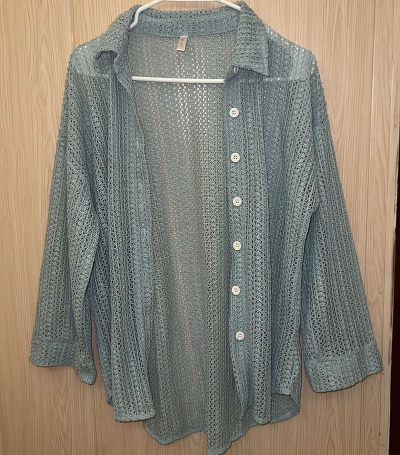 Mint Blue Crochet Button-Up Shirt