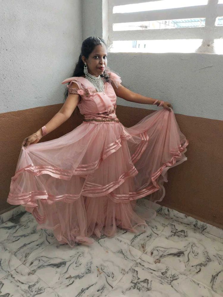 Elegant Pink Tulle Layered Lehenga