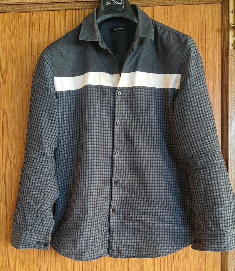 Men's Grey &amp; White Striped Checkered Shirt