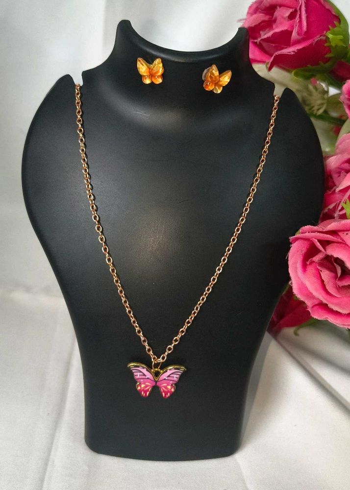 Cute Metal Pink Butterfly Necklace &amp; Earrings Set