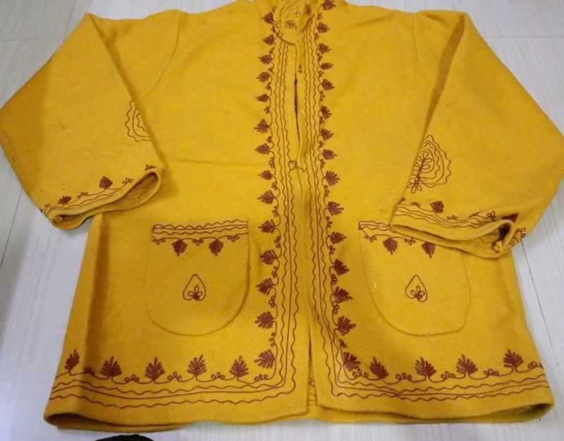 Stylish Mustard Yellow Embroidered Woolen Jacket f