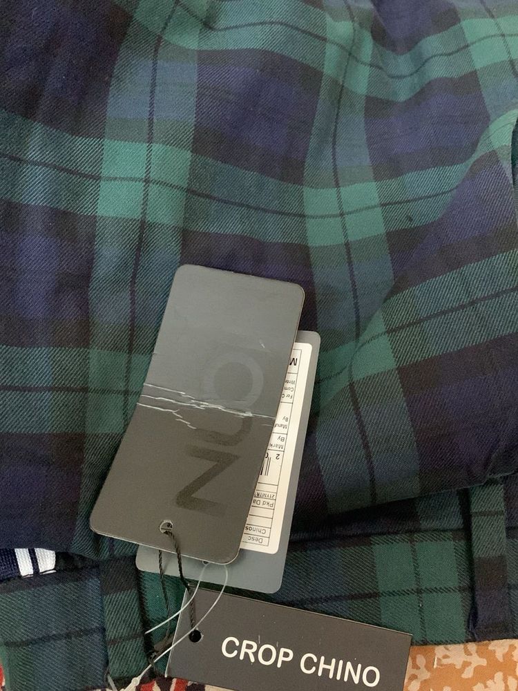 Green &amp; Navy Plaid Crop Chino Pants