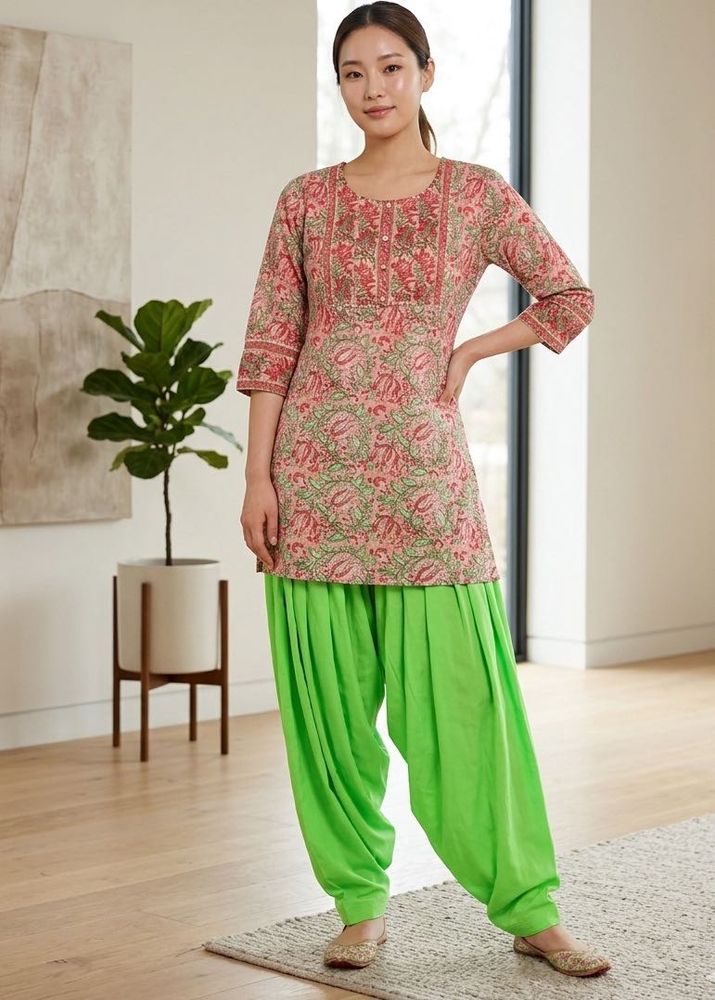 Pink Floral Kurti with Green Patiala Pants