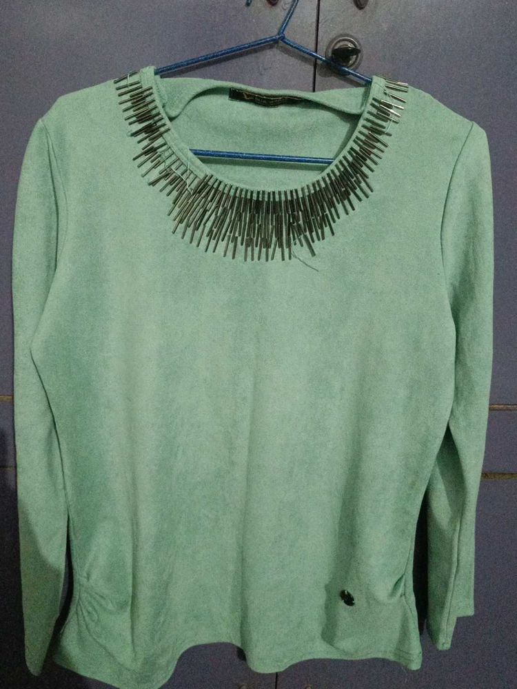 Mint Green Embellished Neckline Top