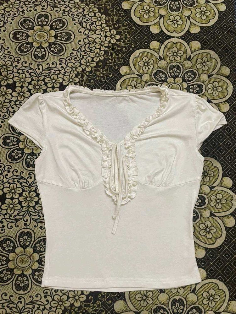 Kawaiii White Ruffled Tie-Front Top