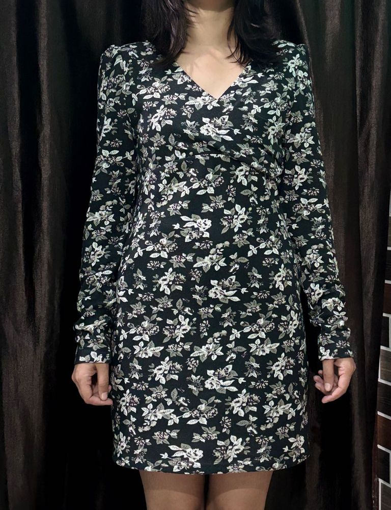 Black Floral Print Mini Dress