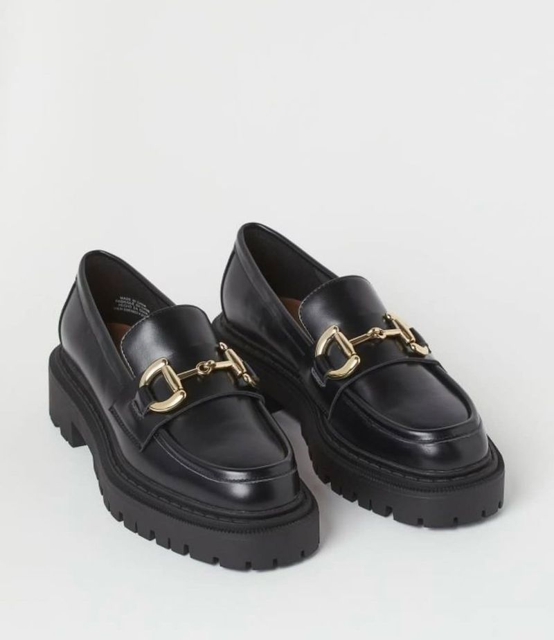H&amp;M Black Chunky Loafers with Gold Buckle