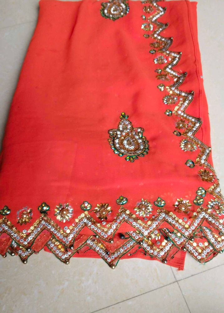 Coral -Red Embroidered Saree with Heavy Designer B