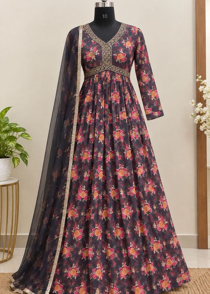 Beautiful Floral Print Anarkali Gown with black ne