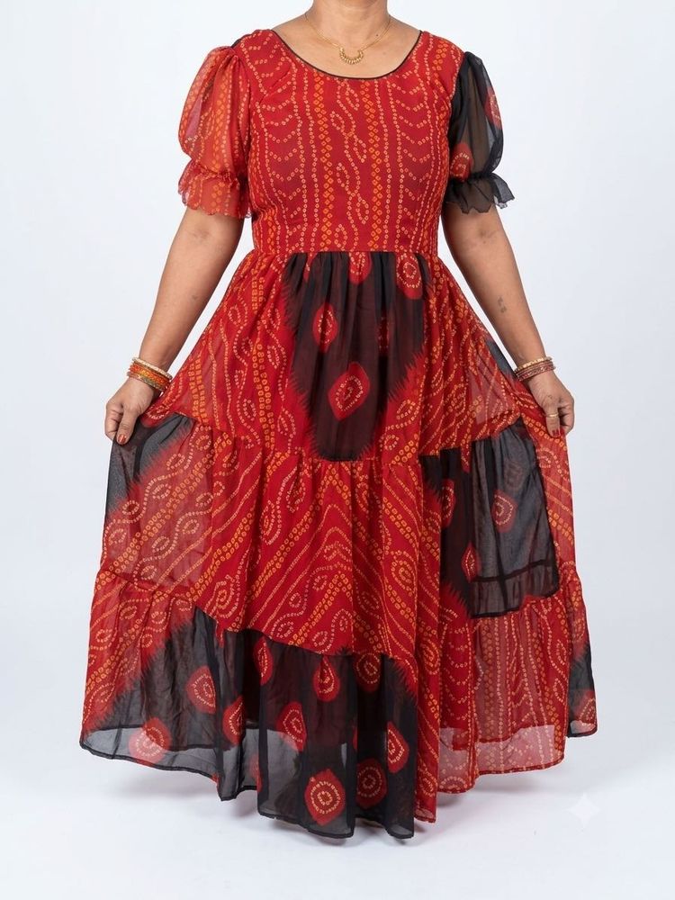 Red &amp; Black Bandhani Print Gown