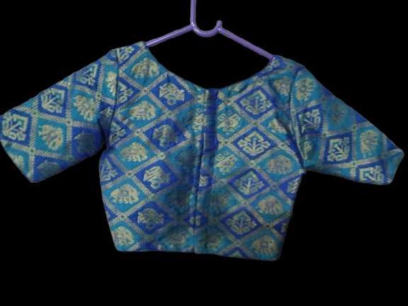 Blue Brocade Elephant Print Blouse
